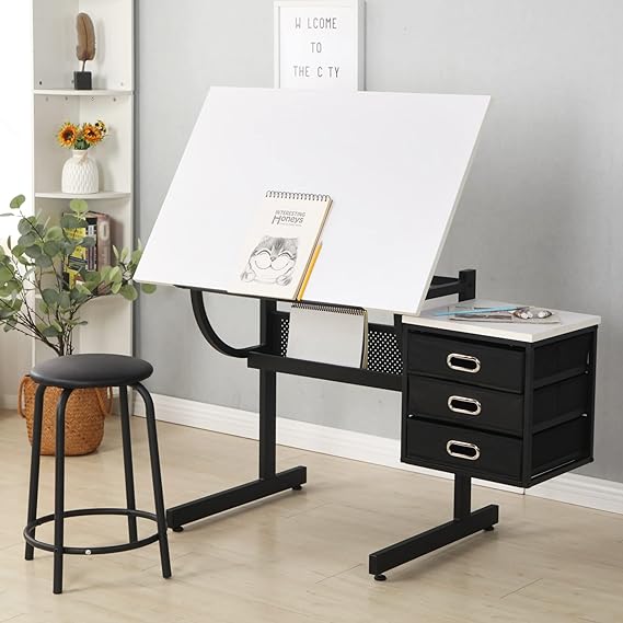 Height Adjustable Drafting Table - Modern 3 Wood Drawers Stool Non-Slip Base Artist Drawing Table - Art Desk Work Station for Home Office Adults White