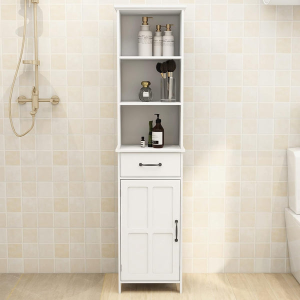 Tall Bathroom Storage Cabinet with Shelf - Doors and Drawers Bathroom Standing Floor Cabinets - Wood Freestanding Pantry Furniture Organizer for Kitchen Home Office White