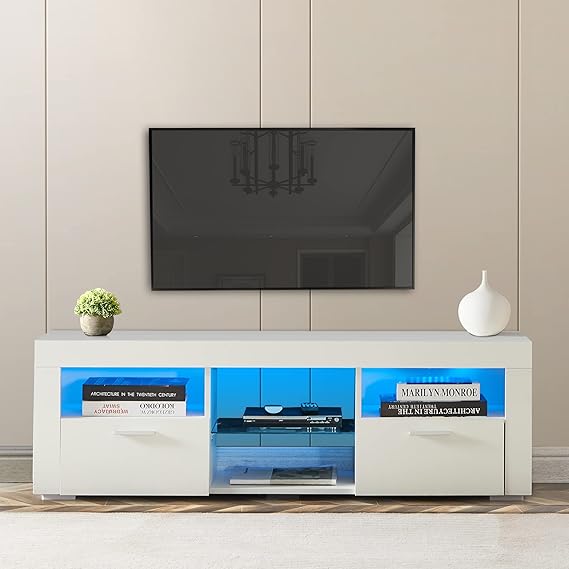 Modern LED TV Stand - Entertainment Center Television Cabinet with Storage Shelf - High Glossy Media Console Stands for Living Room Bedroom Lounge Room White Black