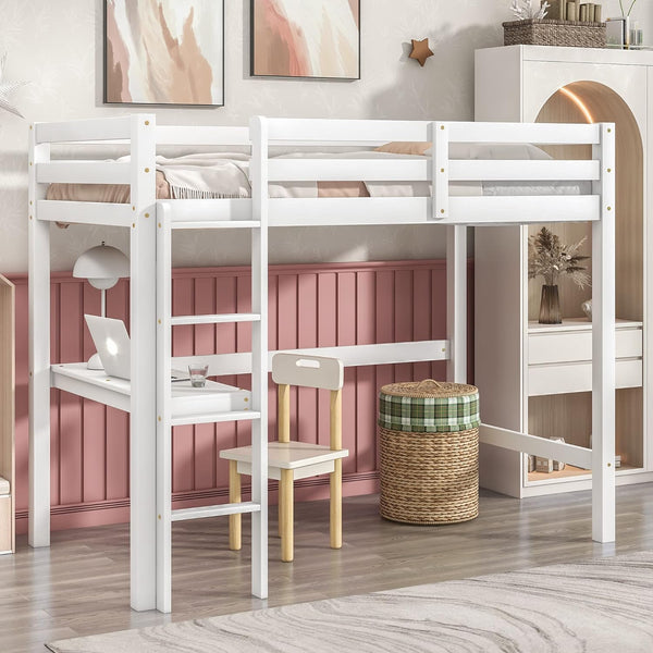 Twin Loft Bed Frame - Wood Pine Bed Frames with Ladder Safety Rail and Desk - Loft Size Bed with Table for Kids Boys Girls White