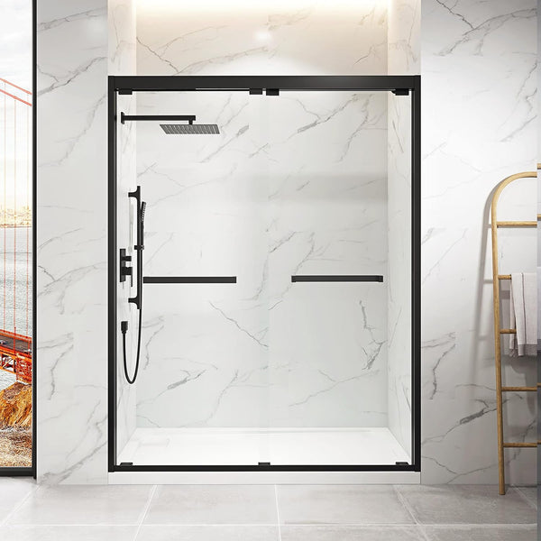 Semi-Frameless Sliding Shower Door - 5/16 in. (8mm) Certified Clear Tempered Glass Walk-in Bath Door - 56-60 in Width x 76 in Height Smooth Gliding Baths Door for Bathroom Matte Black