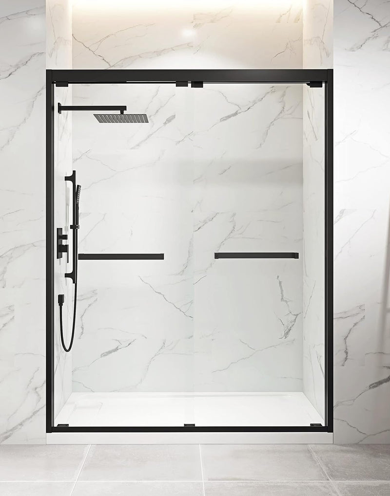 Semi-Frameless Sliding Shower Door - 5/16 in. (8mm) Certified Clear Tempered Glass Walk-in Bath Door - 56-60 in Width x 76 in Height Smooth Gliding Baths Door for Bathroom Matte Black