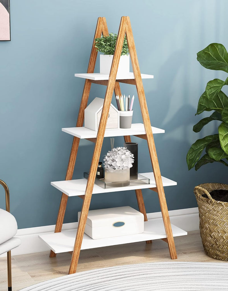 4-Tier Ladder Bookshelf Bookcase - A-Shaped Frame Bamboo Bookcases - 4 Shelves Industrial Book Shelf Living Room Office White