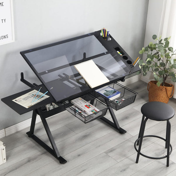 Height Adjustable Drafting Table - Modern Tempered Glasses Artist Drawing Table Tilted Tabletop with Chair - Glass Topped Art Desk Work Station with Stool for Home Office Black