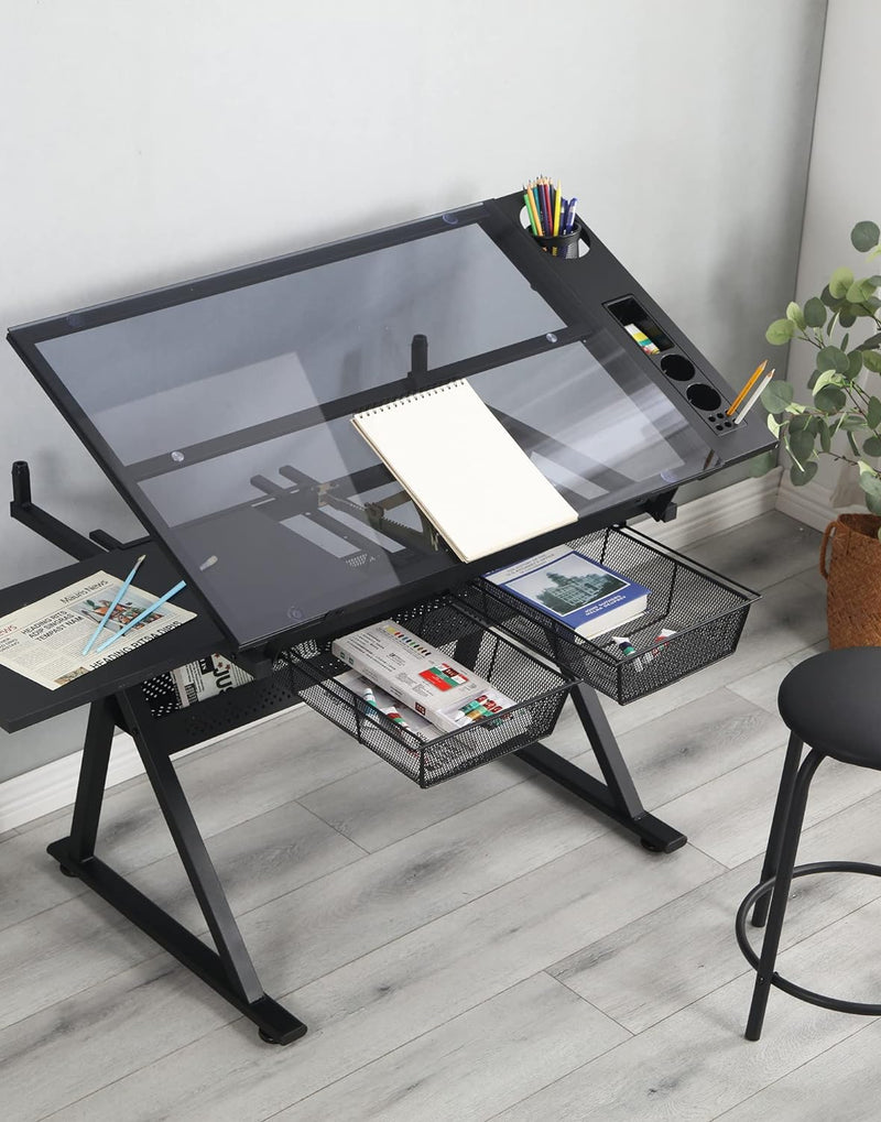 Height Adjustable Drafting Table - Modern Tempered Glasses Artist Drawing Table Tilted Tabletop with Chair - Glass Topped Art Desk Work Station with Stool for Home Office Black