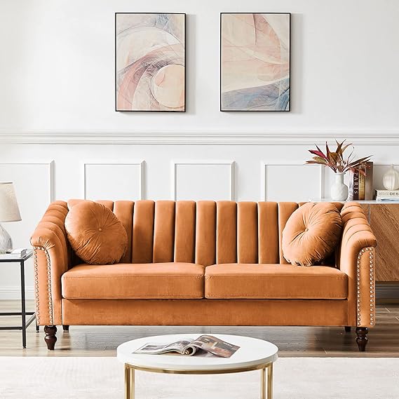 Mid-Century Velvet Sofa Couch - 3 Seat Tufted Back Couches Furniture with Rivet Arms & 2 Pillows Recliner - Modern Sectional Decor Sleeper Sofa Chair for Living Room, Bedroom, Lounge, Orange