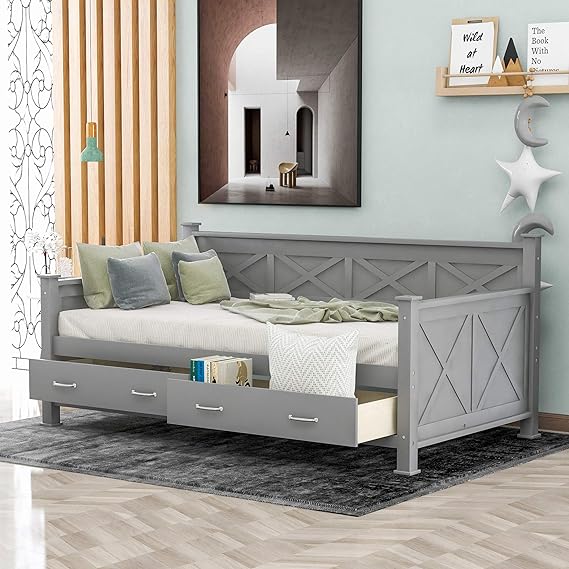 Wooden Twin Size Daybed - Storage Drawers Platform Wood Sofa Day Beds - Headboard and Solid Frames Modern Trundle Couch Bed Furniture for Bedroom Living Room Gray