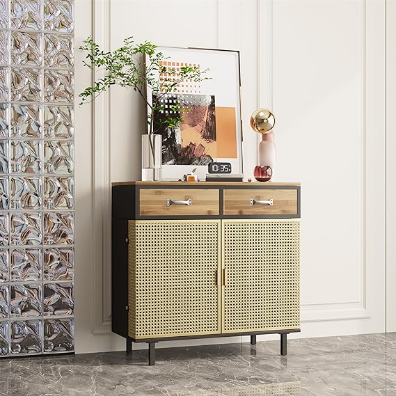 Modern Buffet Cabinet Sideboard - Carbonized Bamboo Storage Cabinets - Accent Console with 2 Doors and 2 Drawers for Living Room Dining Room Bedroom Hallway Gold