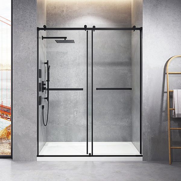 Frameless Sliding Shower Door - 60x76 Inches Bypass Tempered Glass Gliding Doors - 5 Foot Walkin Shower Sliding Doors for Home Bathroom Matte Black