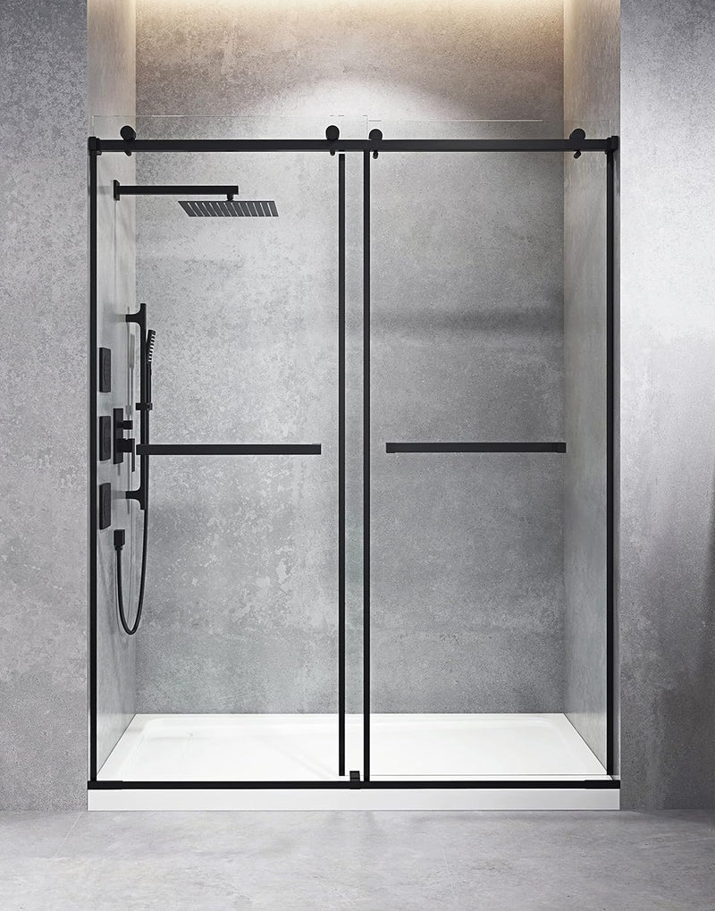 Frameless Sliding Shower Door - 60x76 Inches Bypass Tempered Glass Gliding Doors - 5 Foot Walkin Shower Sliding Doors for Home Bathroom Matte Black